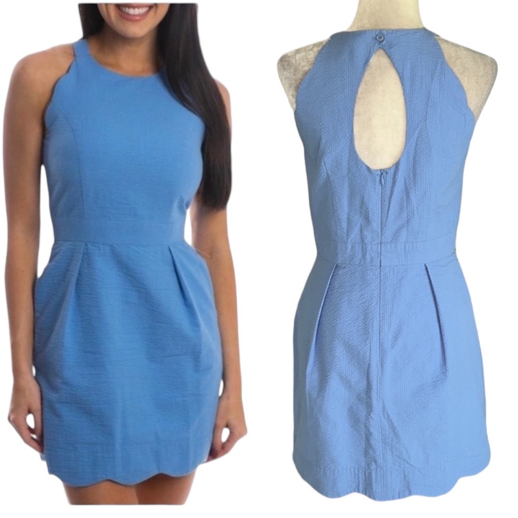 Lauren James Landry Blue Cornflower Seersucker Cutout Scalloped Mini Dress - M